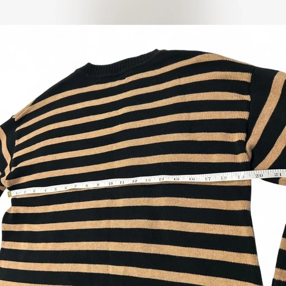 |J.Crew| Black Tan Striped Crewneck Relaxed Sweater 100% Cotton Woman's Small